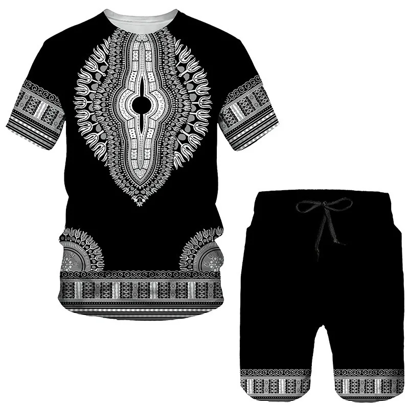 2 Piece Set 3D Ethnic Graphic Print Mens T-Shirt Shorts Outfit Black History Month Menswear Luxury Design Casual T-Shirt Tops