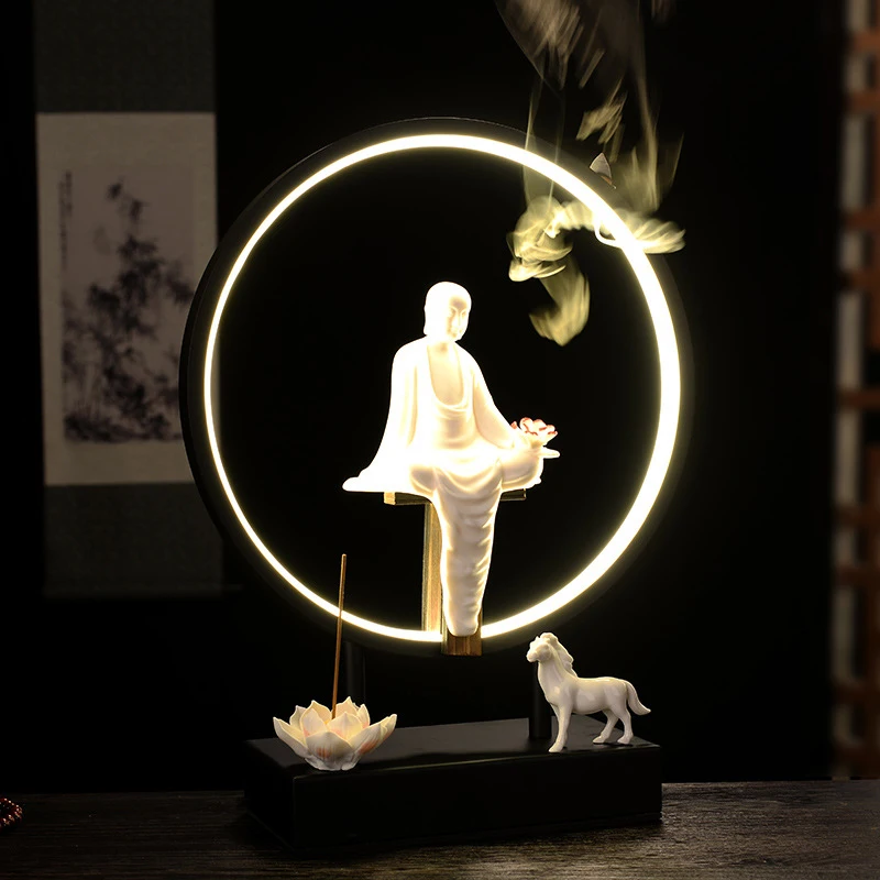 Chinese-Style Backflow Incense Burner With Lamp Ring, Home Indoor Living Decoration, Tea Room Office Zen Ceramic Ornament,