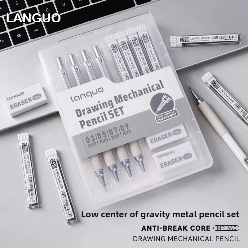 

LANGUO Metal Mechanical Pencil Set 0.3/0.5/0.7/0.9mm With Eraser for Drawing Art Sketching Soft Grip School Office Stationery