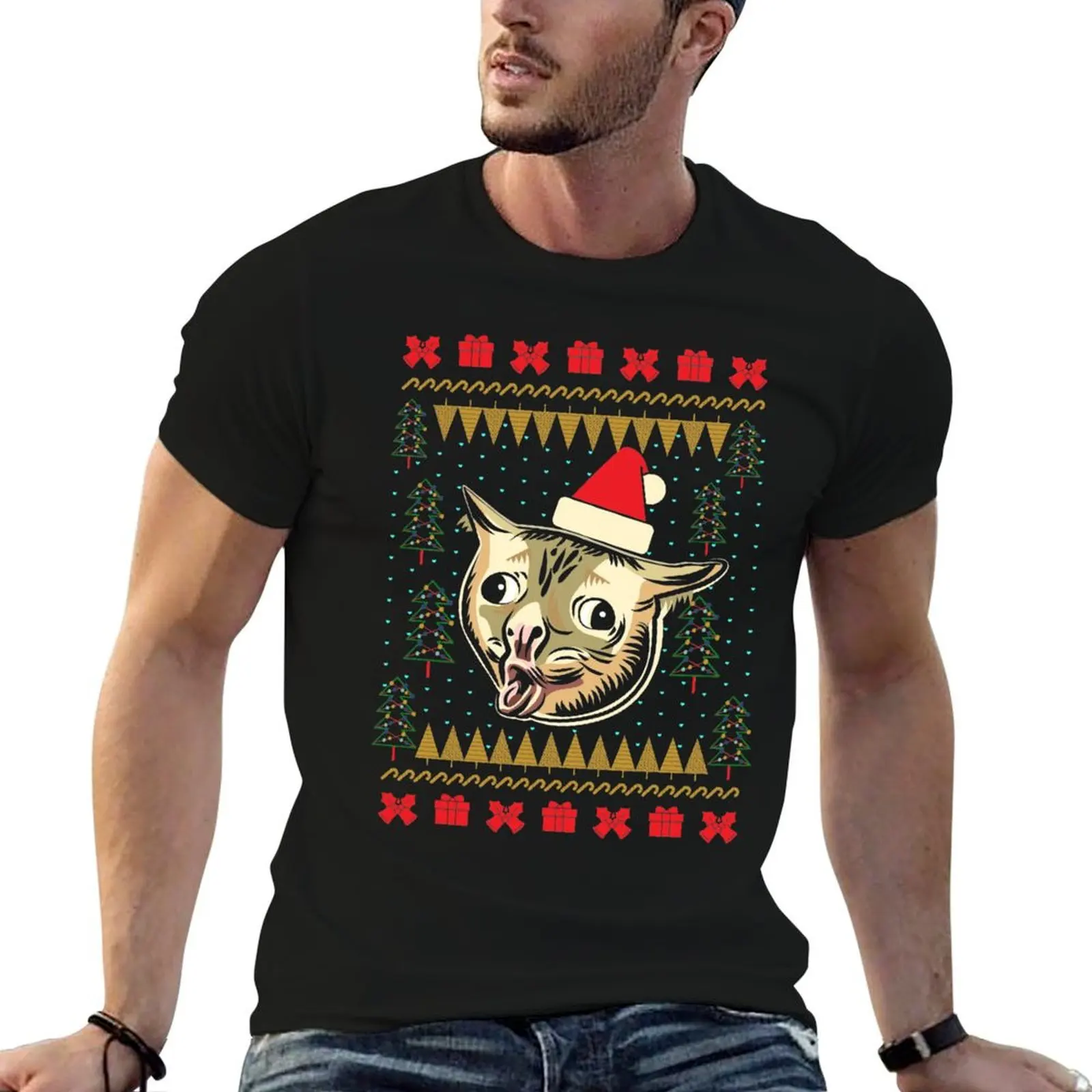 

Coughing Cat Meme Ugly Christmas Sweater T-Shirt cotton t shirts high quality t shirt for man 100 percent cotton T-Shirt