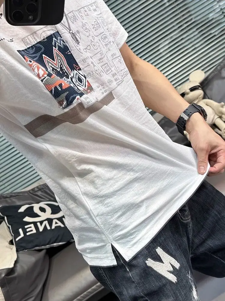 Nueva camiseta de manga corta de algodón y lino para hombre, Top fino informal transpirable de seda helada con cuello redondo