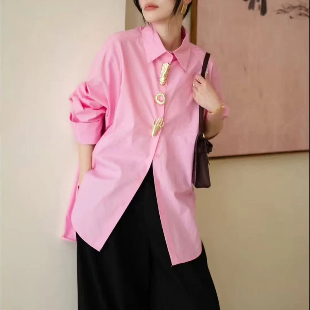 TWOTWINSTYLE Solid Spliced Buttons Chic Shirt Female Lapel Long Sleeve Loose Vintage Literary Women's Shirts Autumn Fashion New
