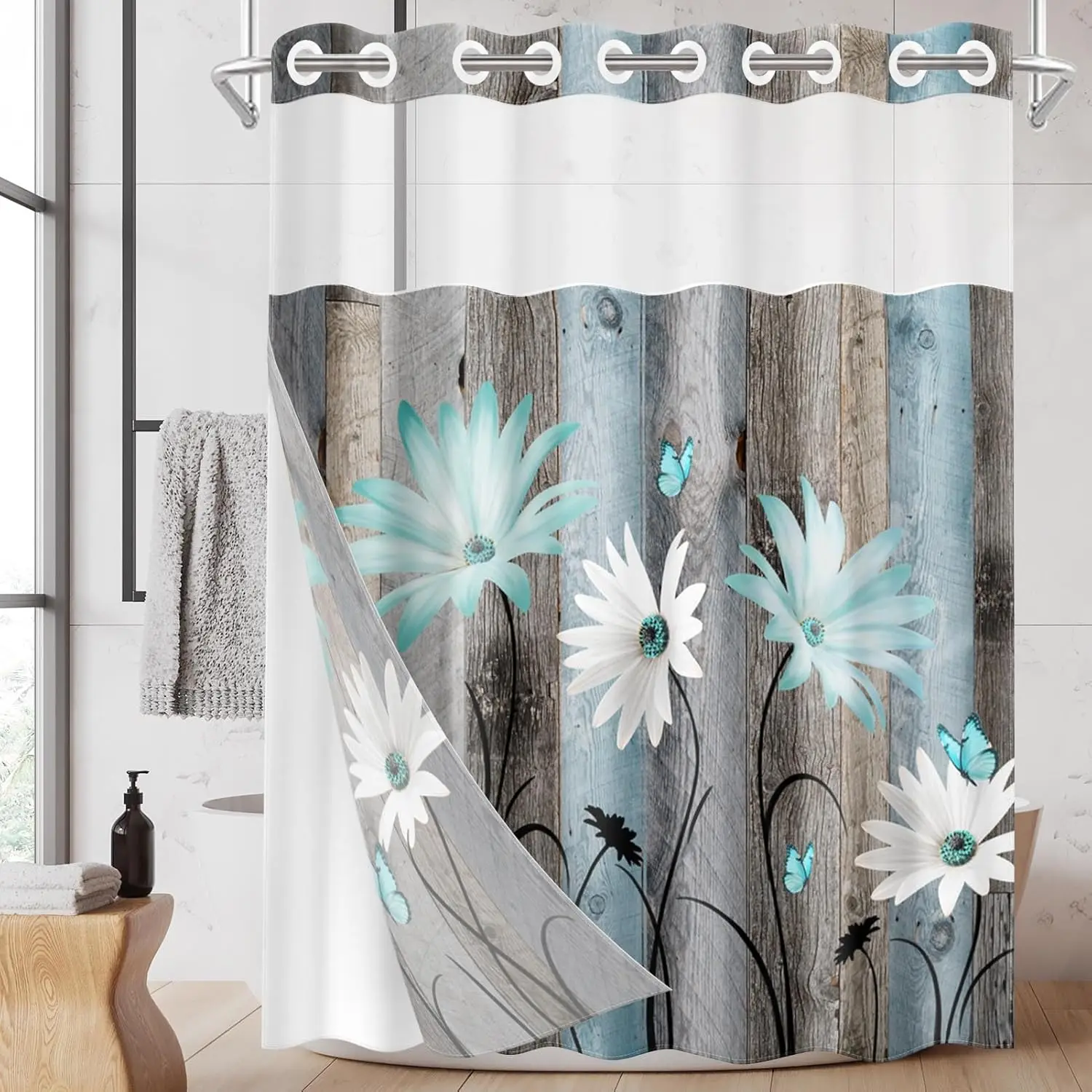 

Rustic Farmhouse Shower Curtain Set with Teal Daisy Flowers and Butterfly, Waterproof 71x74 Inch
