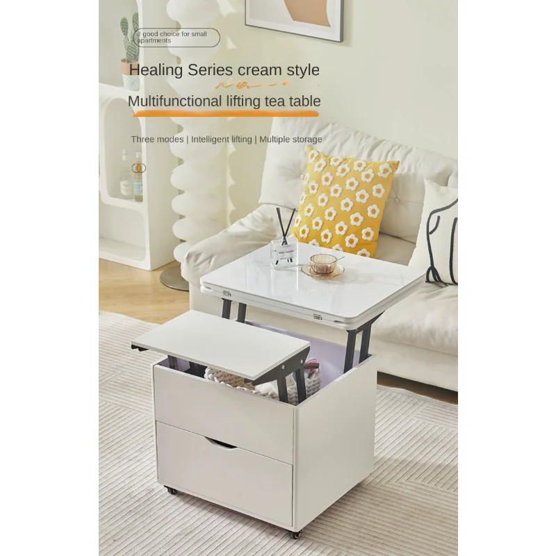 Cream Style Mini Lifting Tea Table Small Apartment Dedicated Retractable Storage Stone Plate Multi-Functional Tea Table