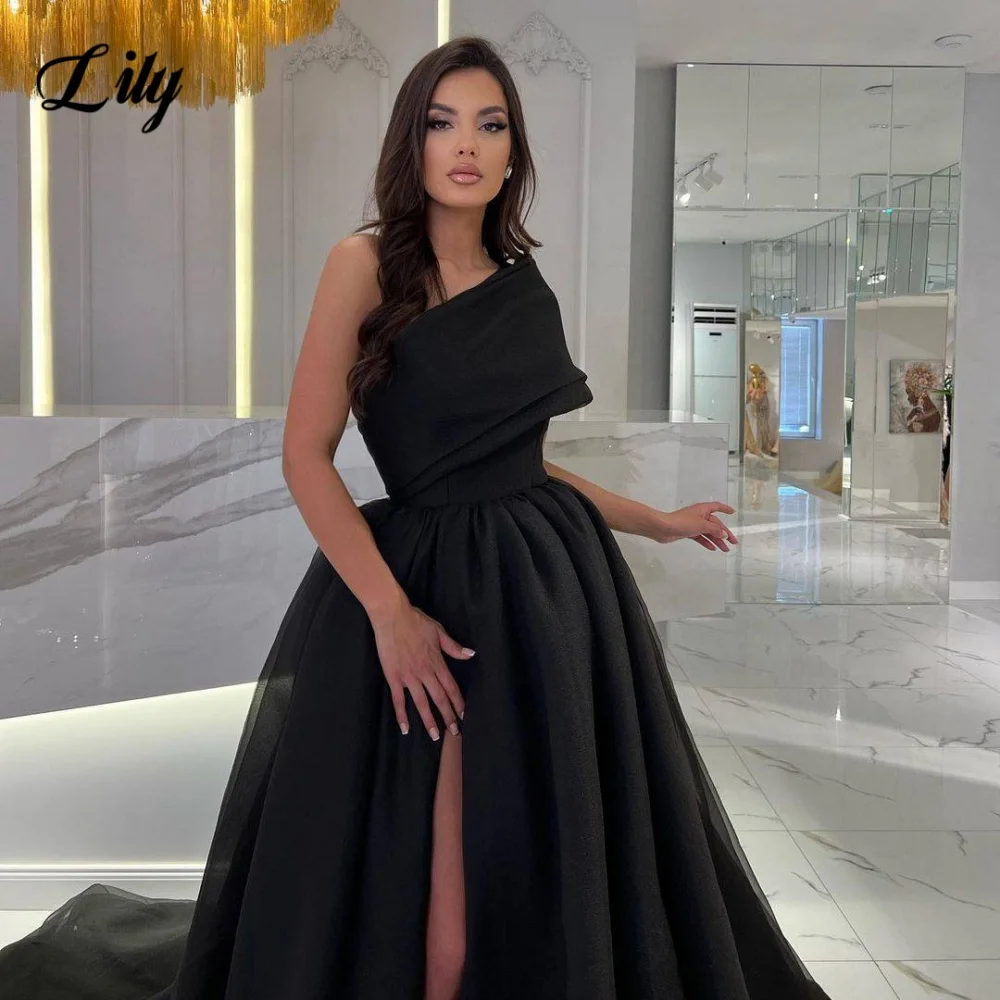 Lily Zwart Een Schouder Galajurk Elegante Backless Avondjurk voor Vrouw Organza Zijsplit Feestjurken robe de soirée femme