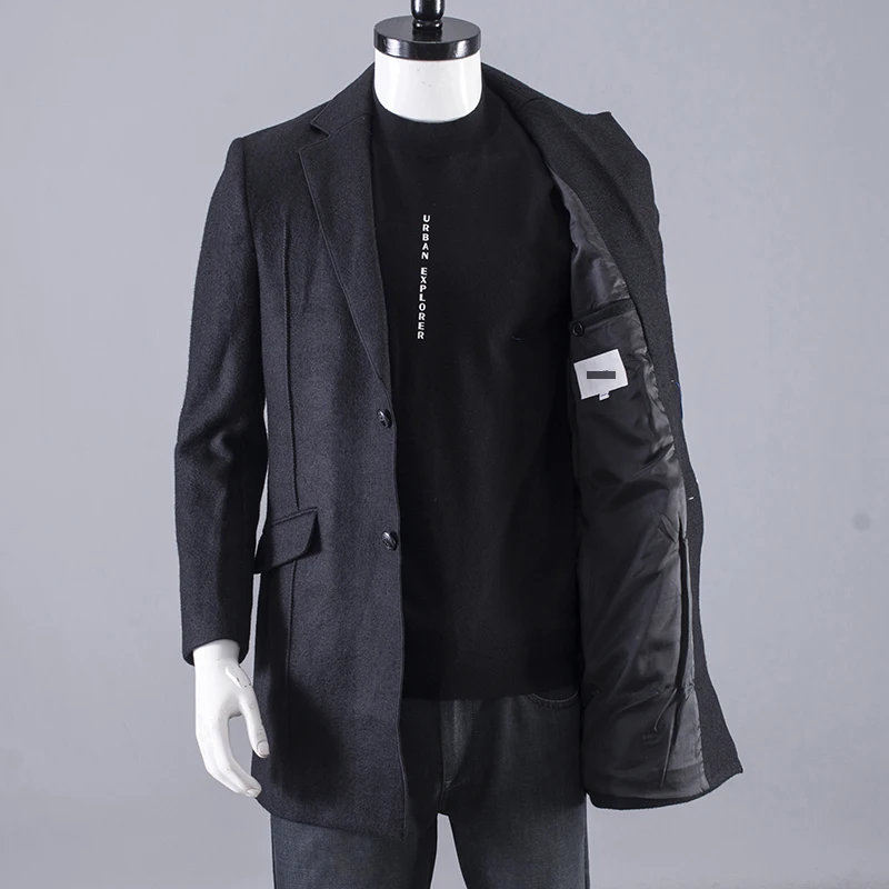 

High-End Wool Blend Thiened Windbreaker Pure Bla Suit Collar Woolen Coat Autumn Busin Casual Stand Fit Multi-ket