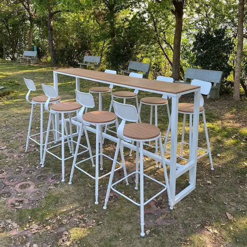 Outdoor plastic wood bar table household balcony preservative wood courtyard milk tea shop cafe high bar table and chair combina