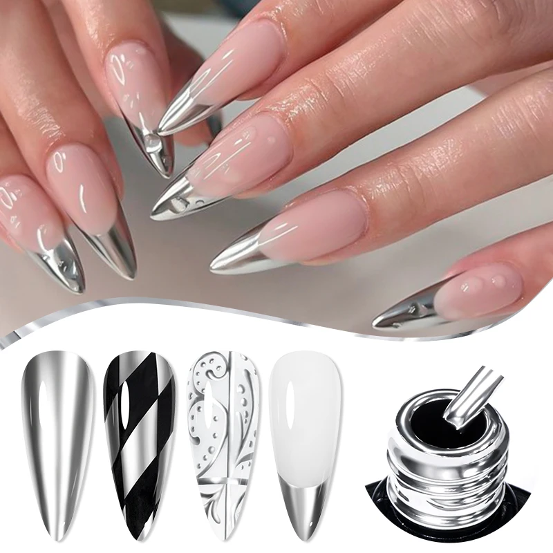 MEET ACROSS 7ml Silver Metal Painting Gel Nail Polish Mirror Effect Line Flower Drawing Gel Soak Off Gel UV Nail Art Varnish DIY