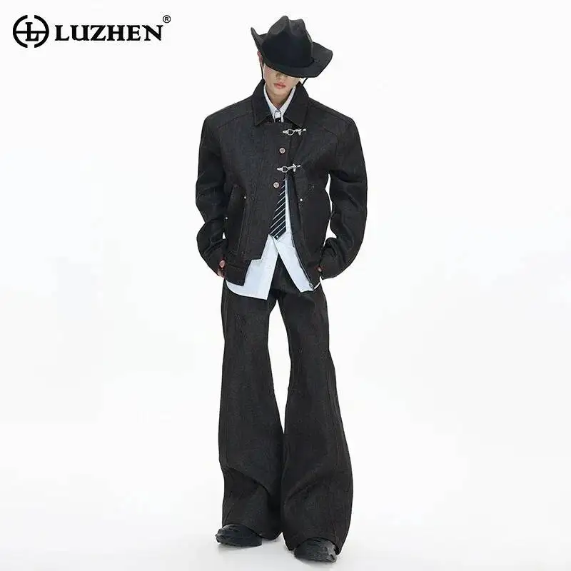 

LUZHEN 2026 Spring New Metal Buckle Placket Original Niche Design Denim Jacket Men Fashion Handsome Wide Leg Denim Pants JY6436