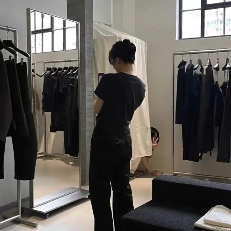 Clothing store fitting mirror stainless steel frame floor with wheels movable full-length mirror household dance mirror