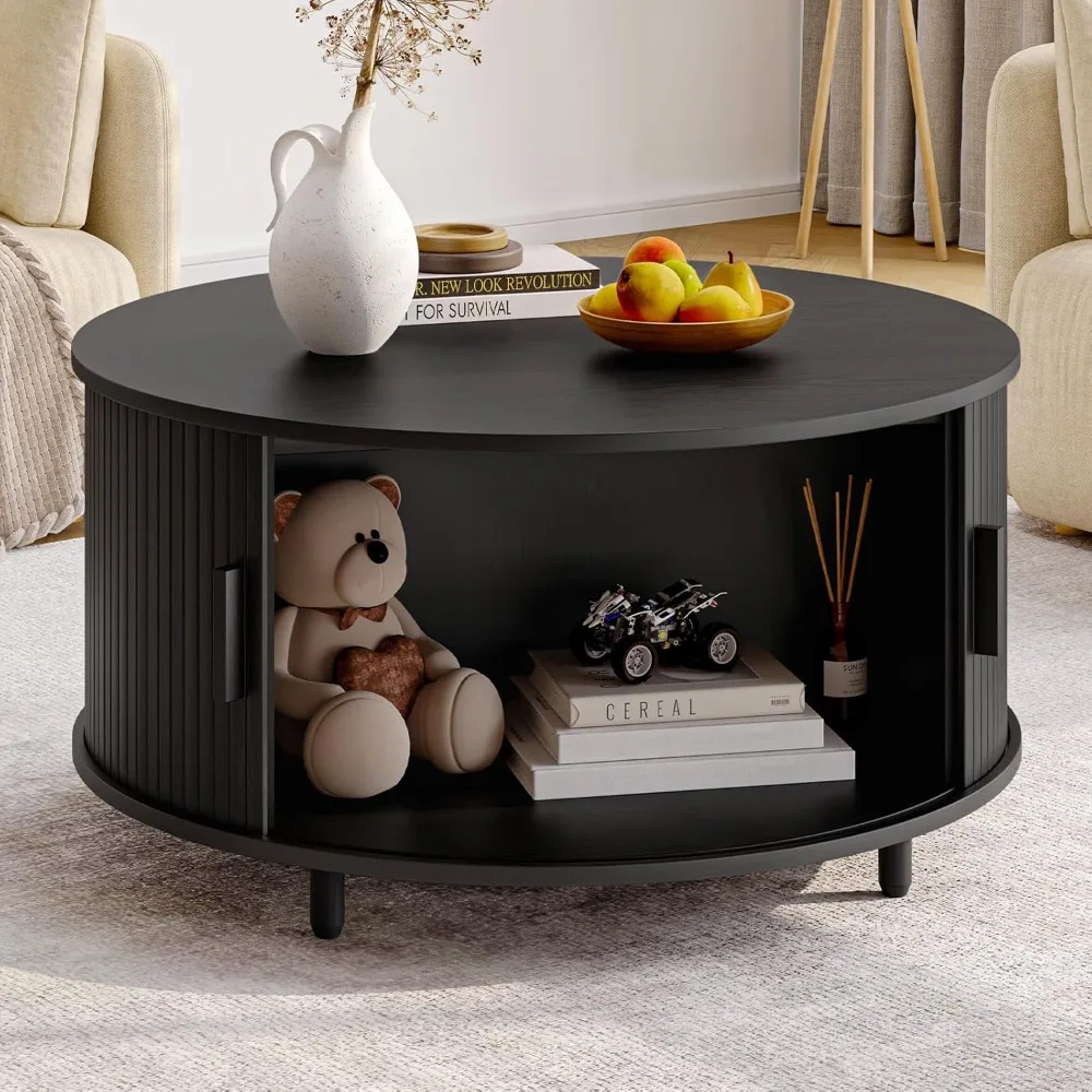 

Contemporary 31.5 Circular Coffee Table with Fluted Wood Design and 360° Sliding Storage Access