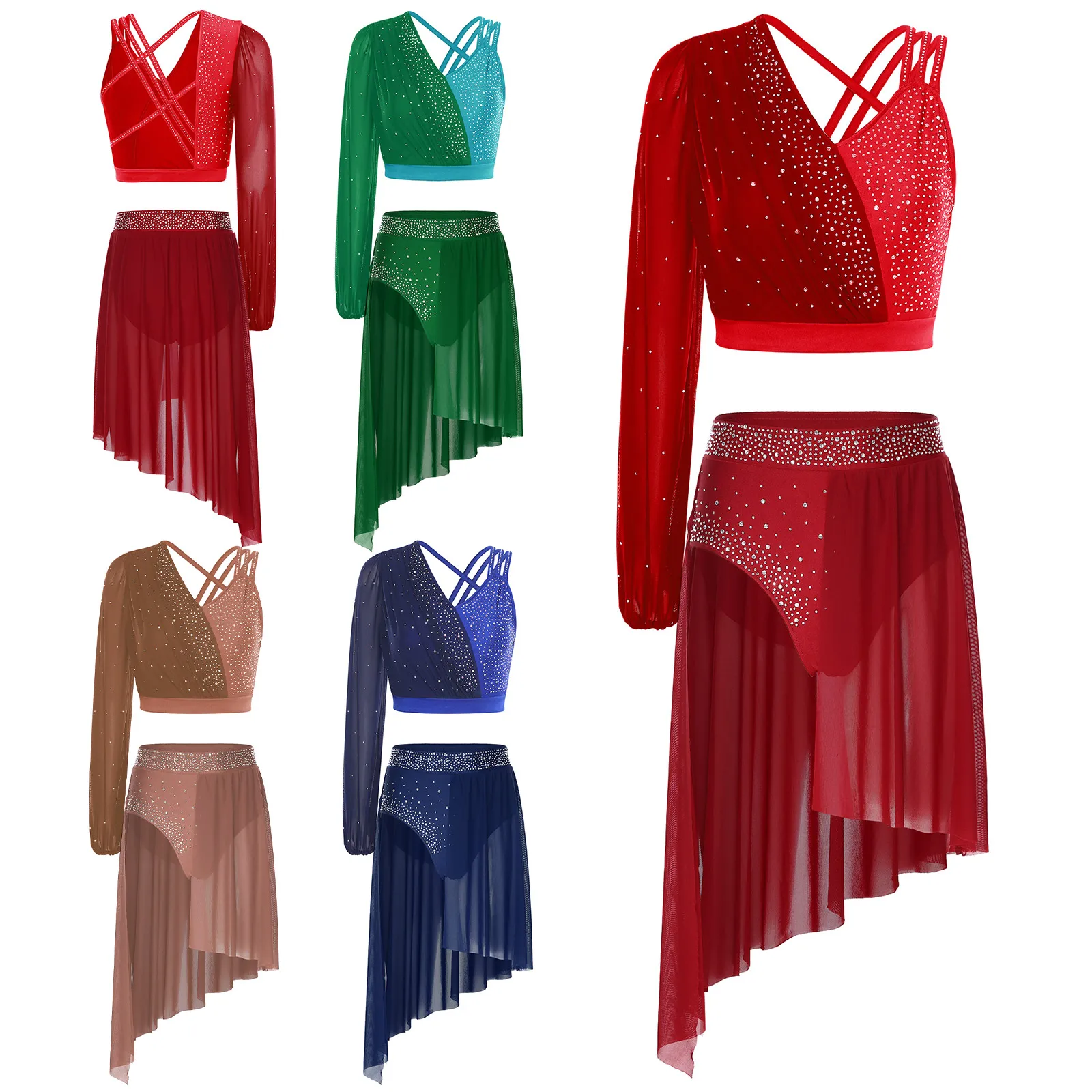 Womens Figure Skating Gymnastics Ballet Dance Outfit Modern Dancewear Shiny Rhinestone One Shoulder Crop Top And Skirt Leotard