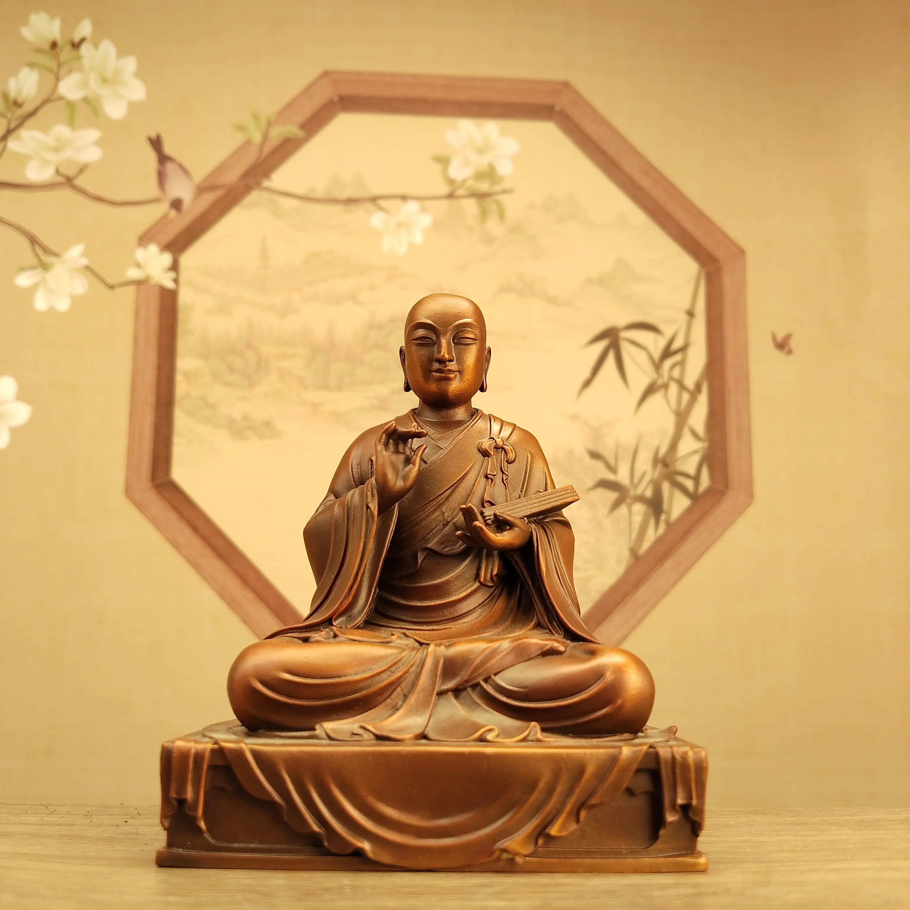 Tibetan Red Antique Copper Xuanzang Monk Buddhist Statue 10cm Home Office Living Room Car Blessing