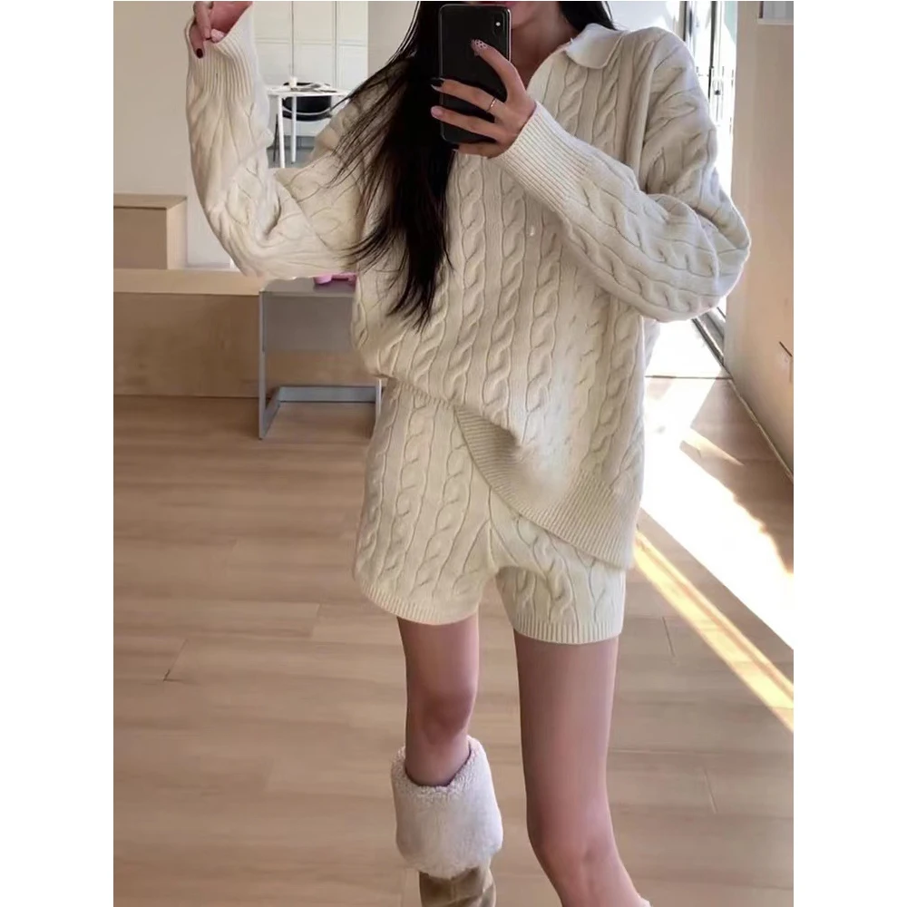 Two Pieces Women Knitting Sets V-Neck Lapel Collar Long Sleeve Loose Pullover Sweaters+High Waist Striped Shorts 2pcs Female Set