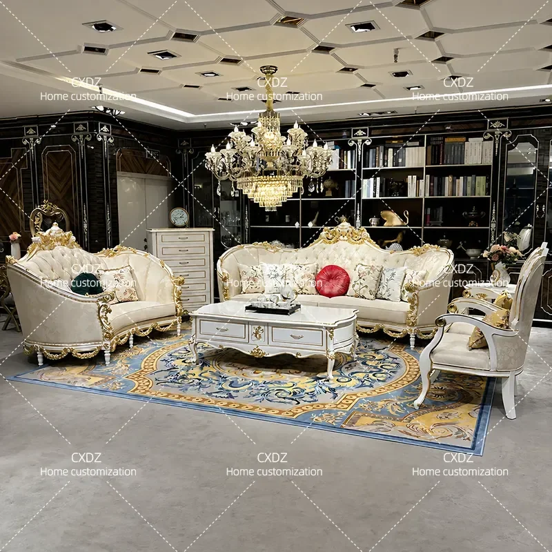 Luxury Fabric Sofa Set Solid Wood Carved Floral Design Large Sectional Couch for Living Room Palace Style Comfortable Seating