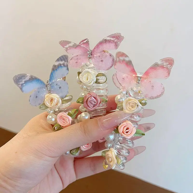 Sweet Butterfly Rose Phone Line Hair Hoop Children's Phone Line Braided Hair Rope Girls' Hair Tie Headwear