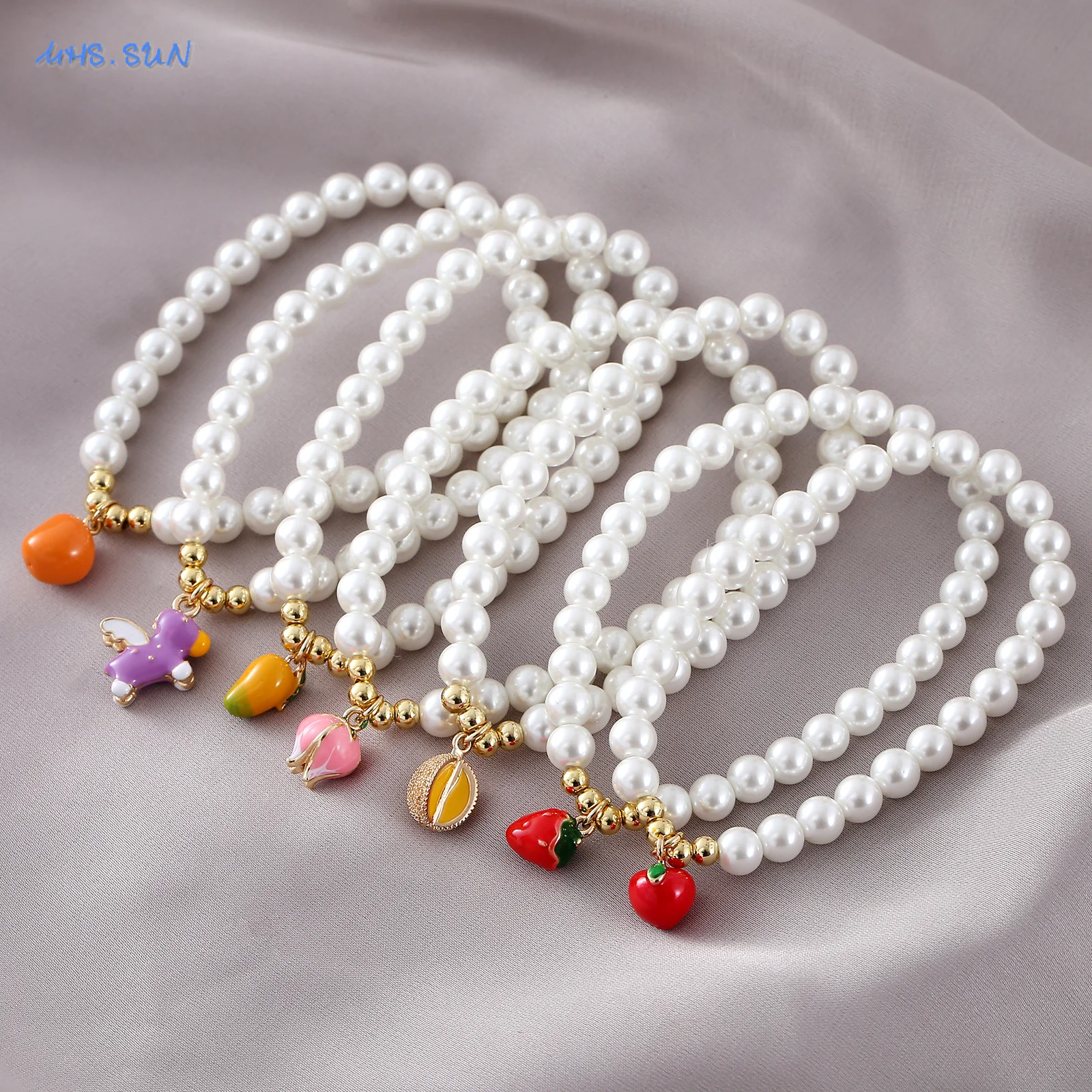 MHS.SUN Imitation Pearl Bead Fruit Pendant Bracelet Cherry/Strawberry/Mango/Durian Dragon Fruits Series Bracelets For Women Girl