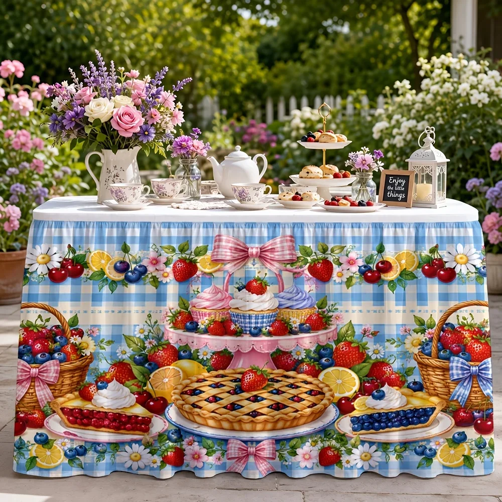 Party table skirt - 1-piece set for picnic dessert theme. Bright colors. Imagination-filled. Cheerful.
