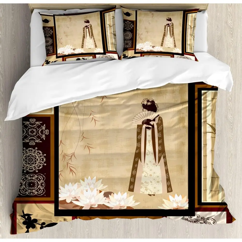 

Комплект пододеяльников в японском стиле с традиционным кимоно и восточным коллажем, 2 предмета, размер Queen, коричневый и кремовый