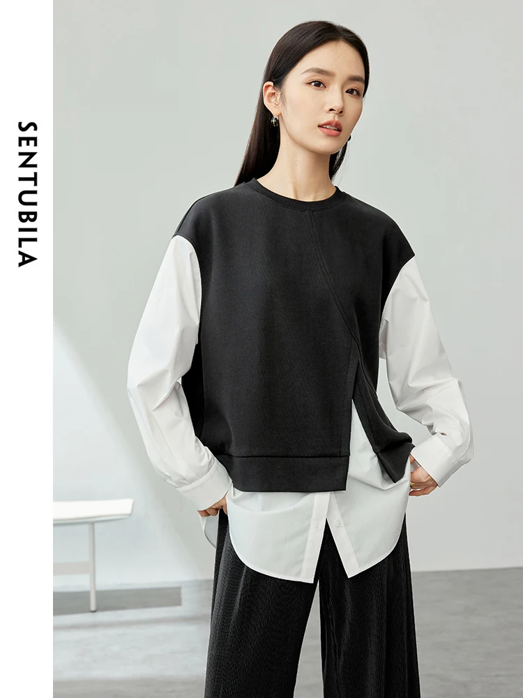 SENTUBILA 2 in 1 Oversized Sweatshirt Women Contrast Patchwork Long Sleeve Tops 2024 Spring Round Neck Female Pullover 141A53791