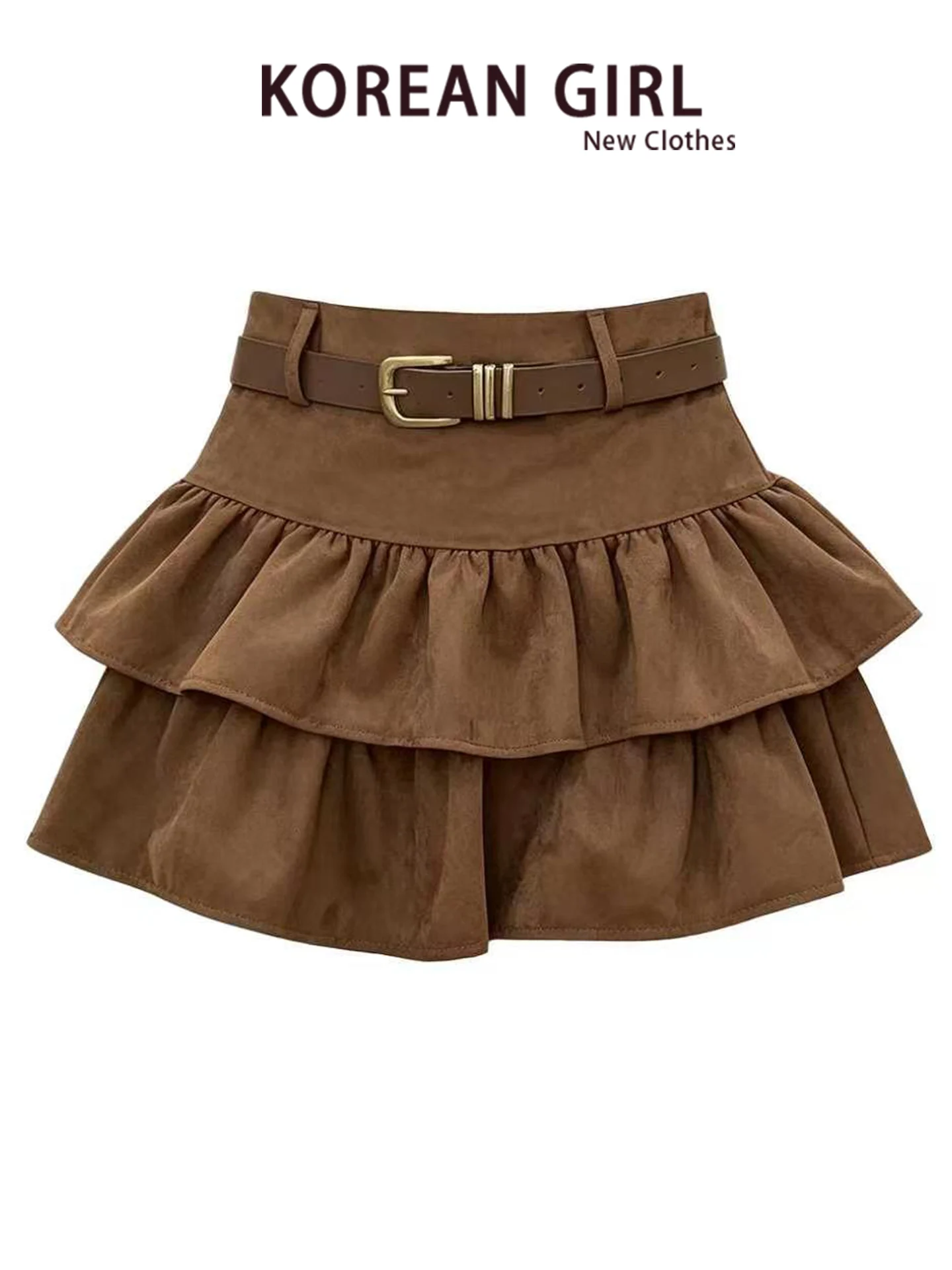 Spicy Girl Suede Short Skirt Women's Sweet Lace Trim Layered Cake Style High Waist A-Line  Skirt for Autumn Season