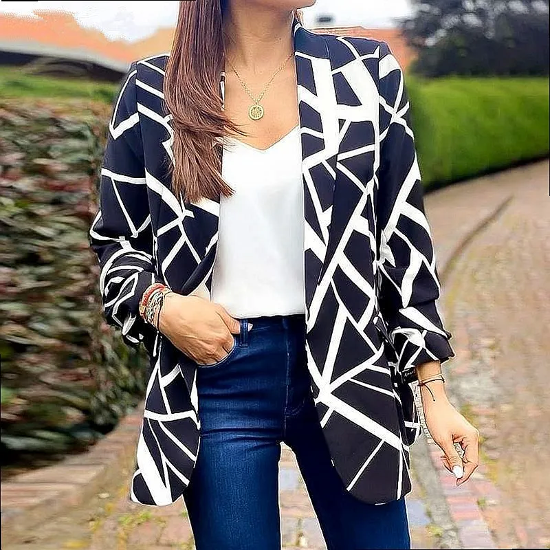 Blazer Printed Lapel Collar Buttonless Spring Summer Versatile Blazers Jacket
