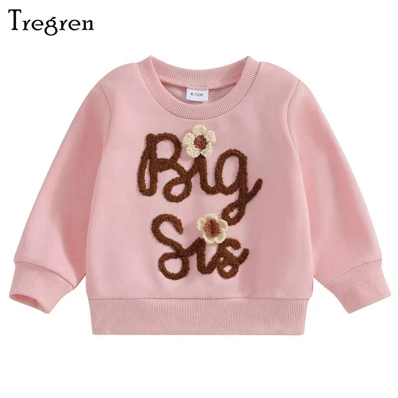 Tregren Toddler Baby Girl Autumn Pullovers Letter Embrioidery Print Long-Sleeved O-Neck Sweatshirt Loose Warm Soft Tops Clothes