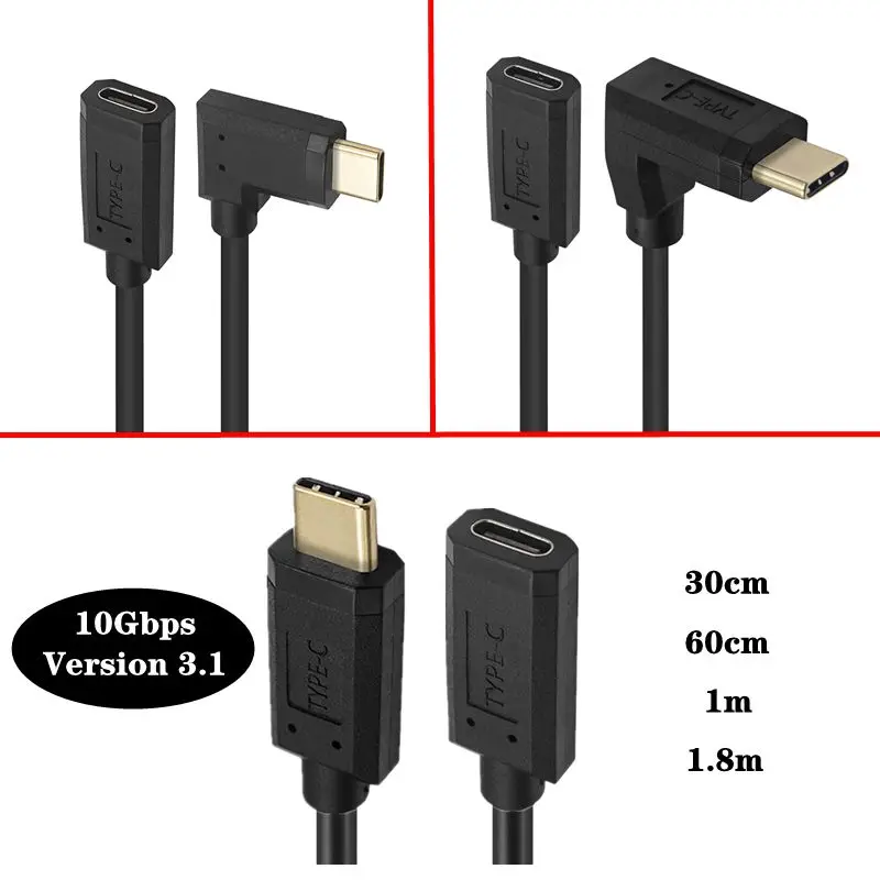 0.3m 0.6m 10Gbps Standard 16 Core Gold-plated USB 3.1 Type-C Male to Female 90 Degree Bend Data Extension Cable With 3A Current