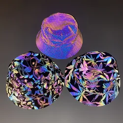 Mushrooms Rainbow Reflective Fisherman Hat Men Women Hip Hop Dance Club Party Bucket Hats Night Colorful Luminous Caps Gorras