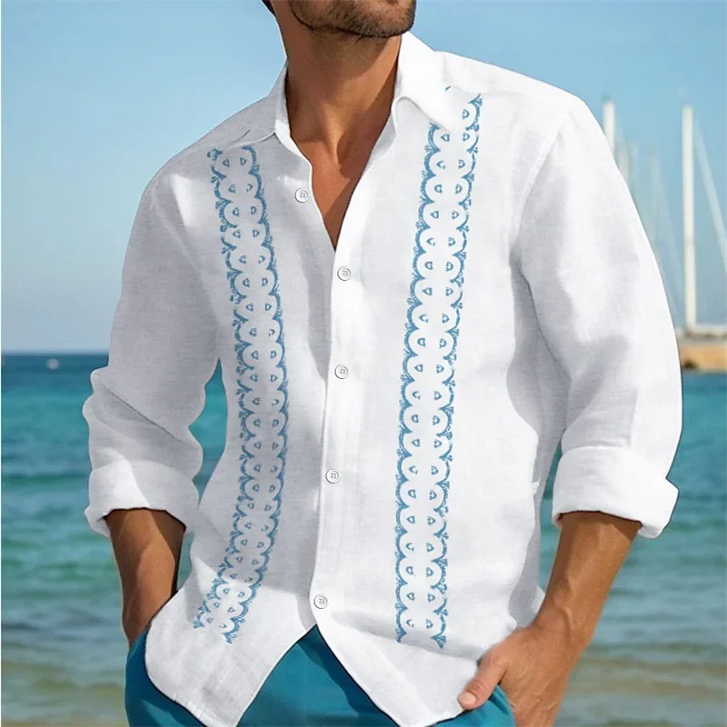 Camicie di lino da uomo camicie Casual a maniche lunghe con risvolto a righe abiti da festa hawaiani abbigliamento top comodi