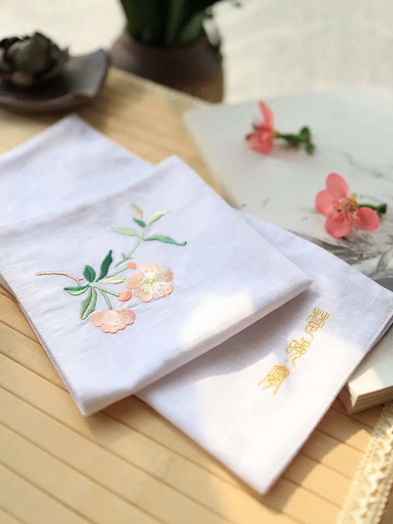 Chinese Traditional Hanfu Accessory 100% Cotton Double Layer Begonia Embroidery Handkerchief Vintage Chinese Style Square Towel