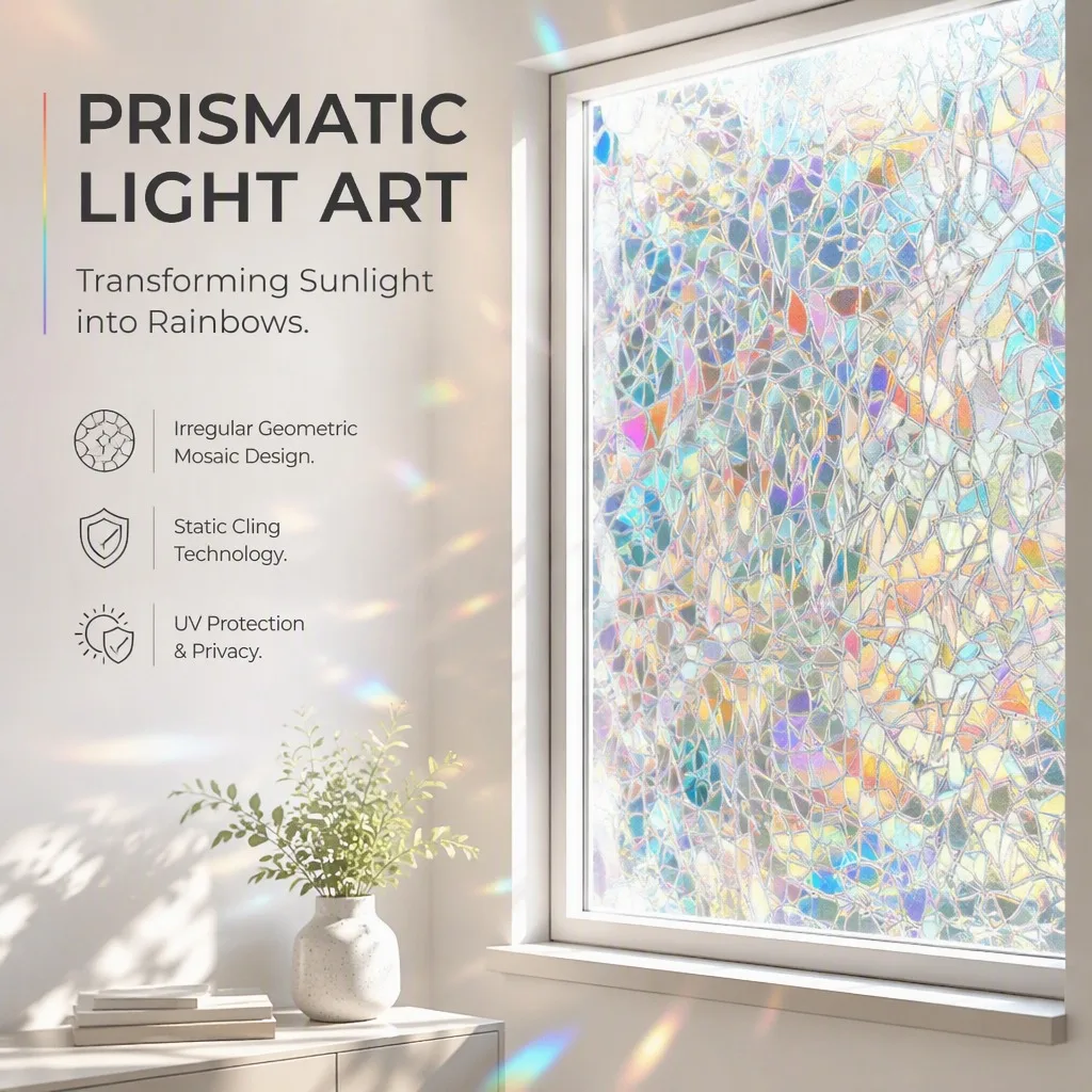 Rainbow Window Film 3D Prism Holographic Decorative Glass Sticker for Home Kids Room Colorful Light Effect