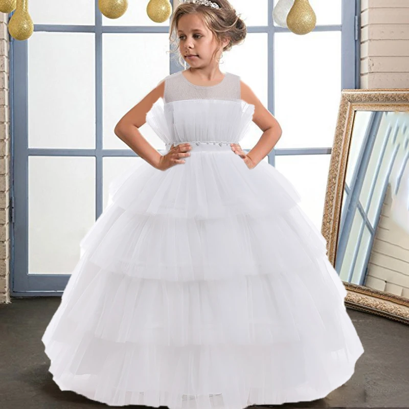 3-12 Yrs Elegant Wedding Party Girl Dresses Children Beading Bow Bridemaid White Lace Princess Dress for Kids Birthday Prom Gown