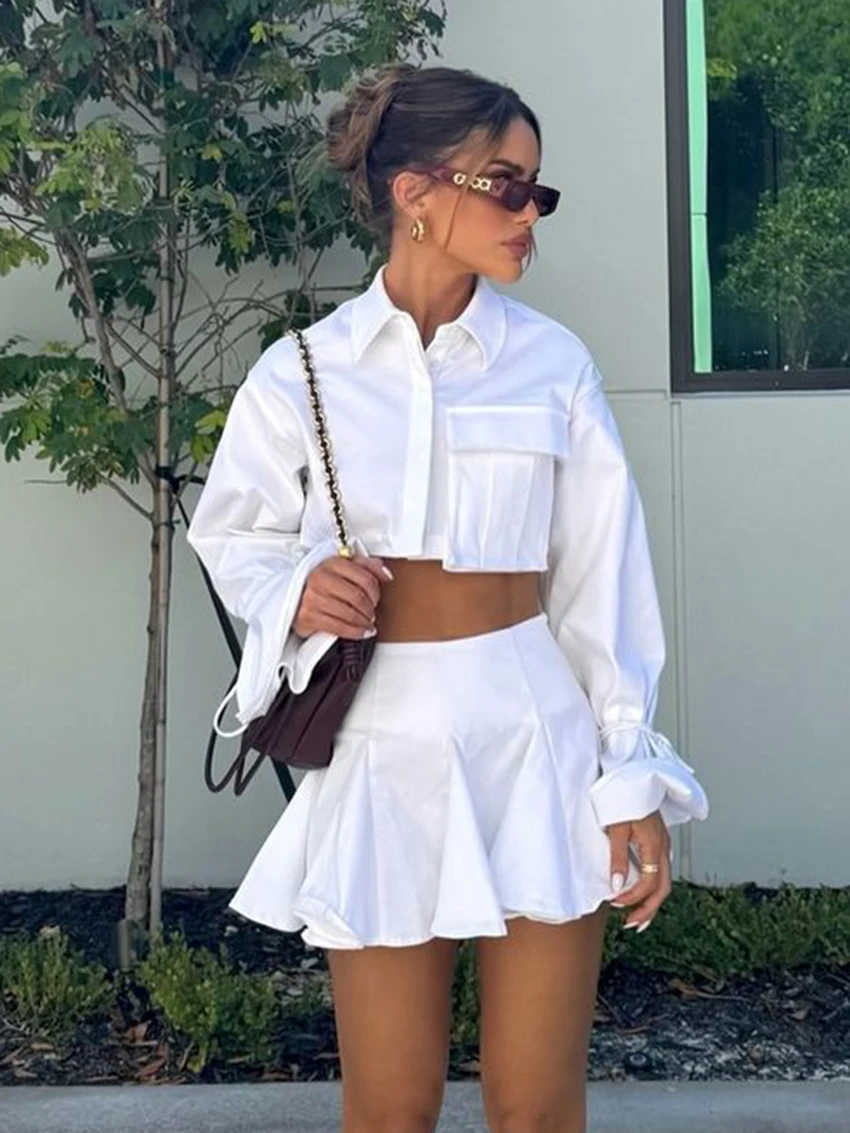 Marthaiqiq White Female Pajamas Set Long Sleeve Nightie Crop Top Sleepwear Turn-Down Collar Pyjamas Skirts Casual Nightwear Suit