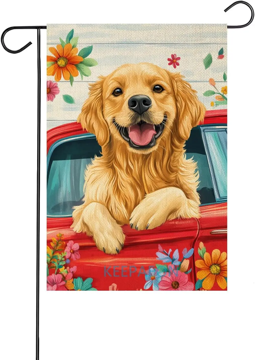Golden Retriever Garden Flag Driving a Vintage Red Car Summer Flowers and Lawn Decor Home Banner for Outside 12x18 Inch Prin PPZ