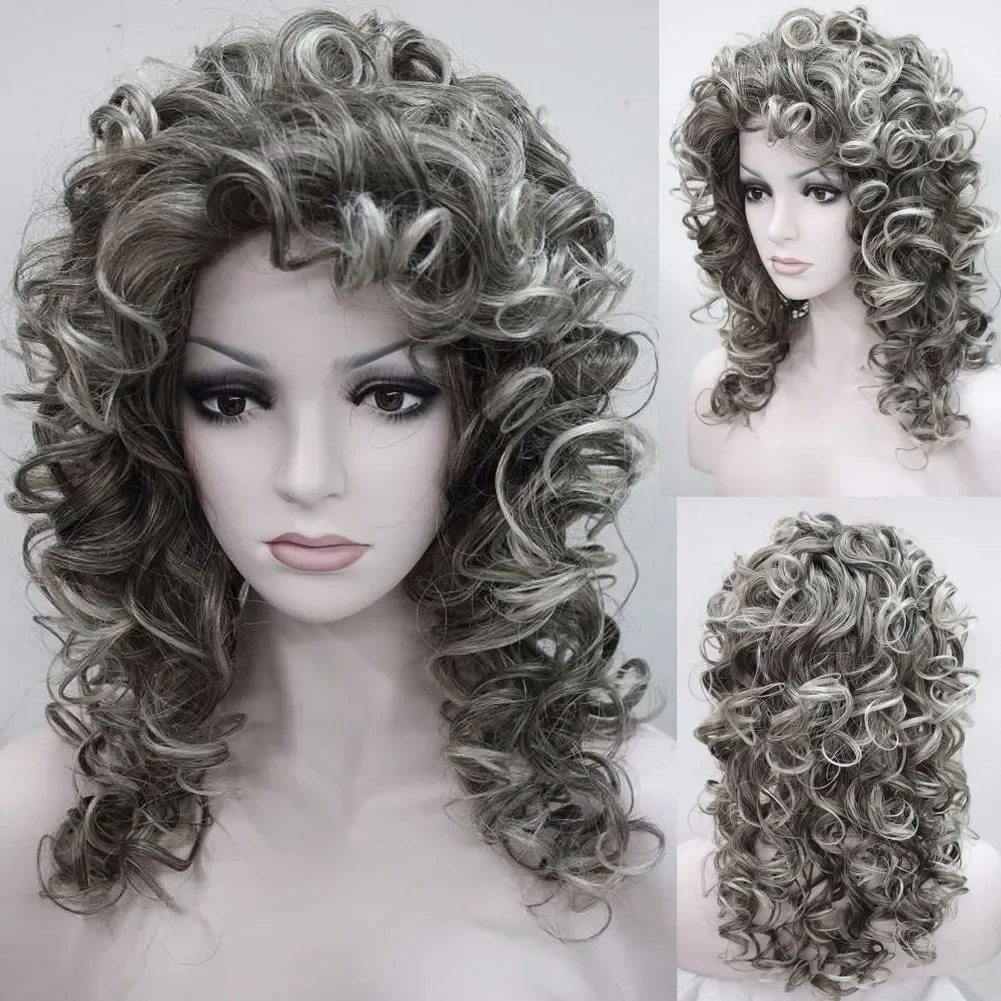 free shipping Womens Long Mixed Gray Curly Heat Resistant Hair Cosplay Costume Party Wigs