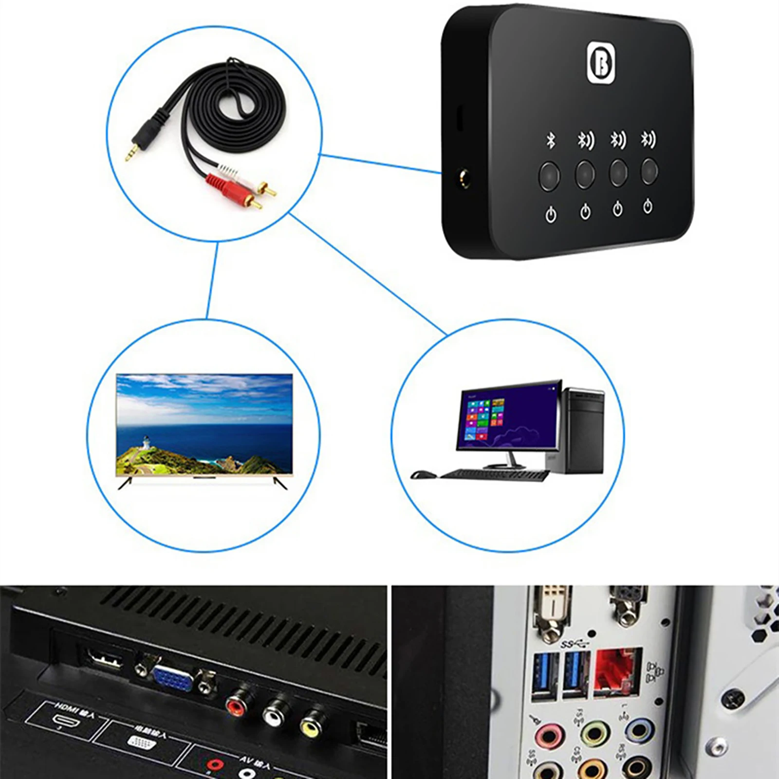 Imagem -05 - sem Fio Stereo Audio Sharing Switcher Adaptador Transmissor Alto-falante Fone de Ouvido Acessórios de tv Bluetooth 4.0 em 1