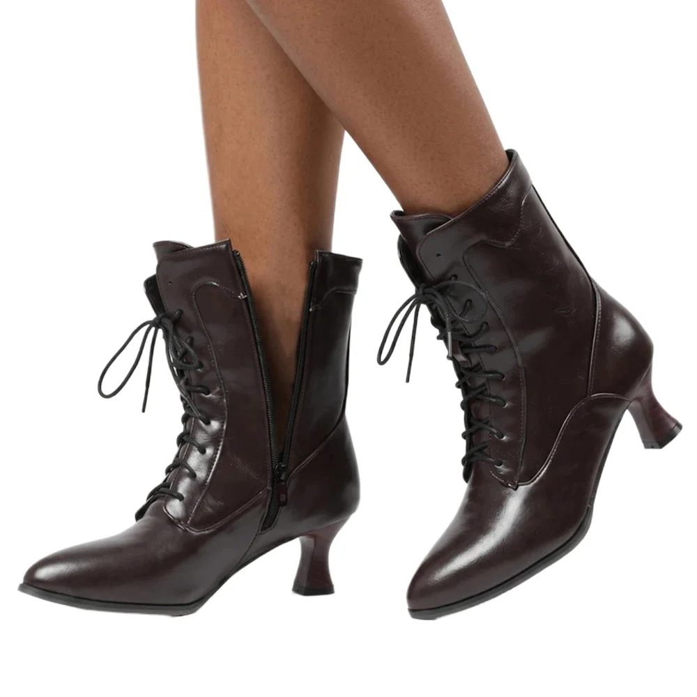 Women Victorian Ankle Boots 32‑50 Large Size Lace‑Up Wine Glass Heel Side Zipper Retro PU Fashion Boots 7750