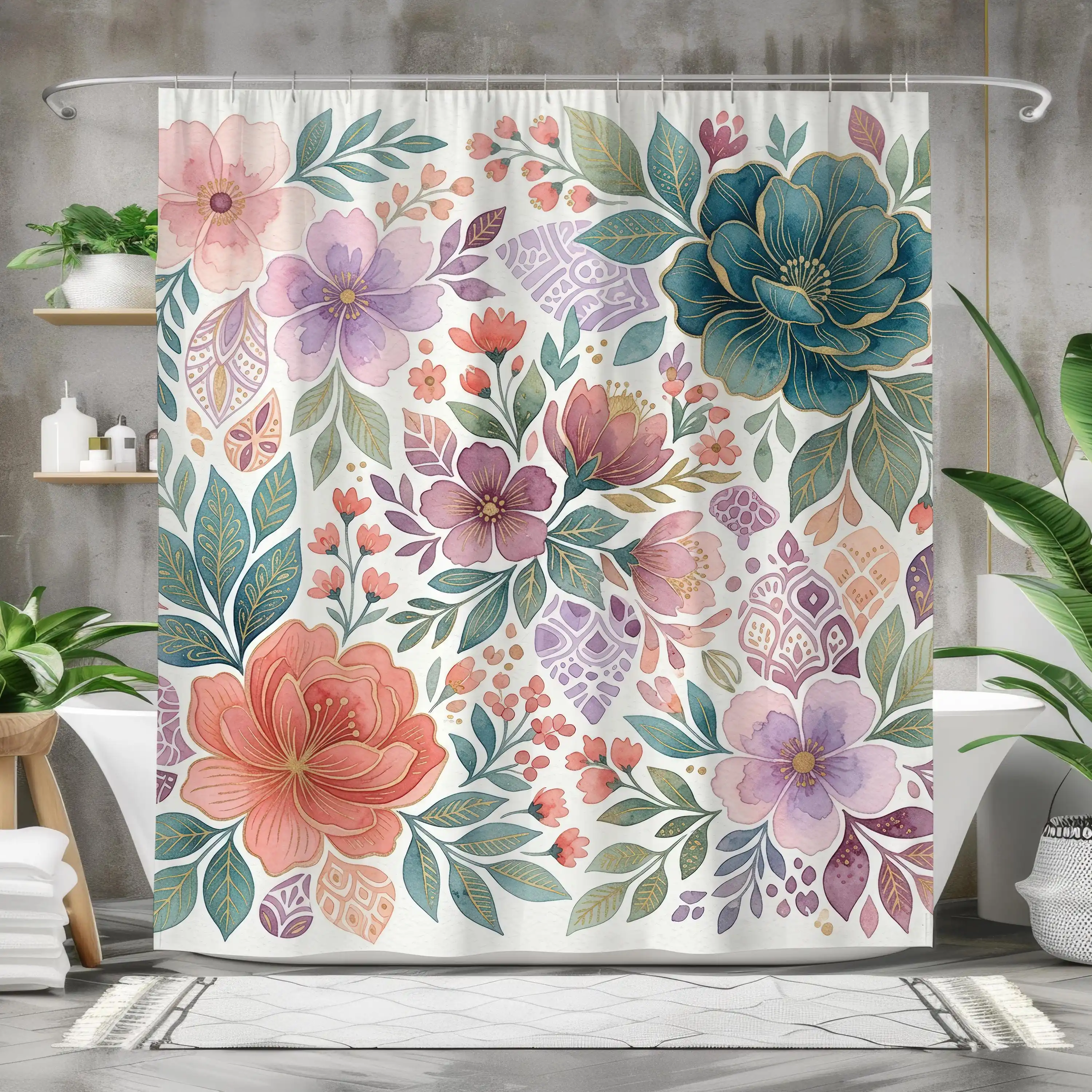 Watercolor Floral Shower Curtain Bathroom Decor Botanical Pattern Shower Curtain Waterproof Curtain Liner for Modern Home
