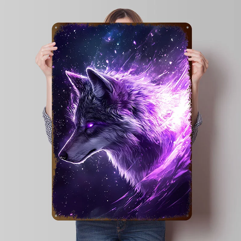 Cosmic Wolf With Purple Energy Printed Poster Customized Wall Art Retro Vintage Metal Tin Signs for Office Decor Room House Home
