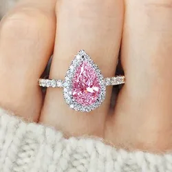 Huitan Waterdrop Pink/White Cubic Zirconia Rings for Women Luxury Trendy Engagement Wedding Bands Accessories Eternity Jewelry