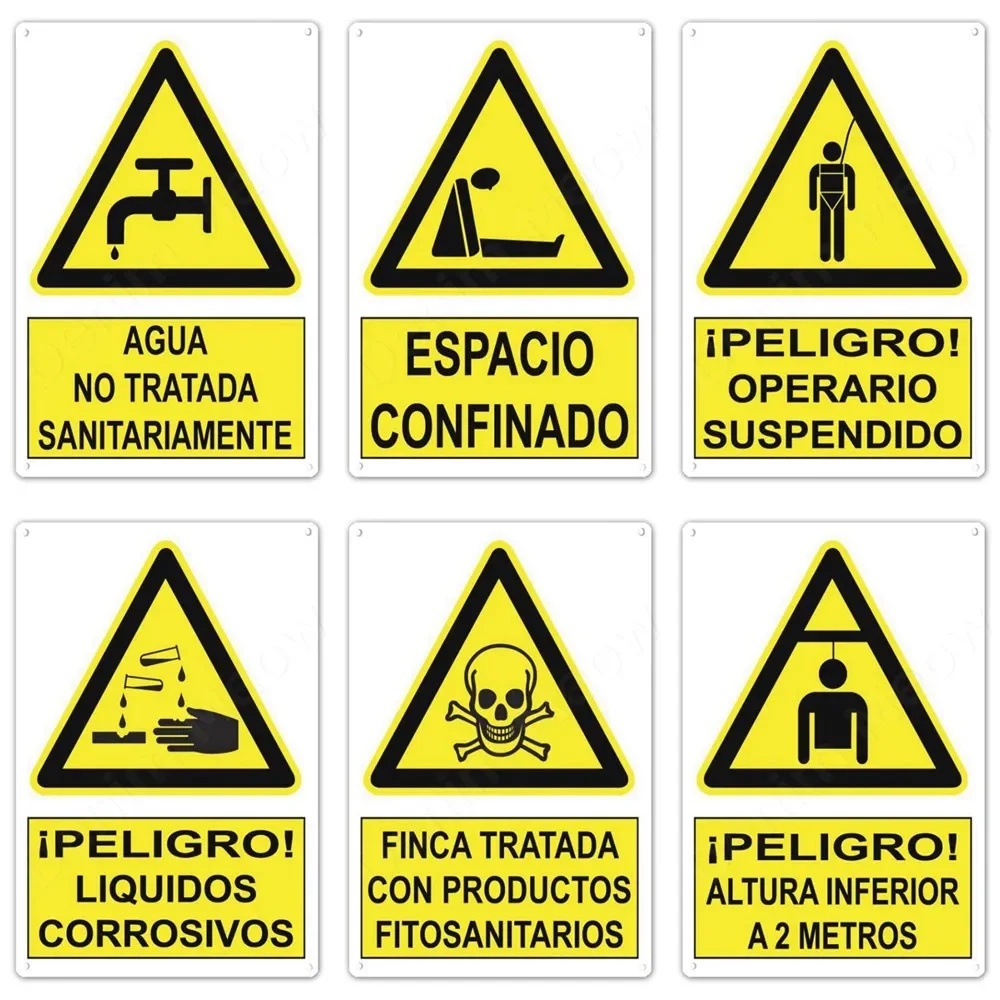 Spanish Warning Sign, Danger Metal Sign For Street, Yard, Bar, Workshop Decor, Yellow Waterproof Caution Signs, Outdoor Indoor