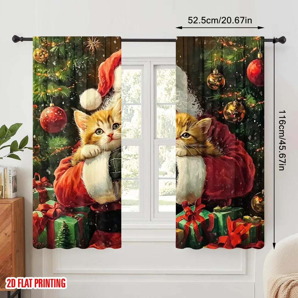 2pcs,2D plane printing Pattern Curtains Santa Claus Kittens Christmas Gifts (2) Versatile Durable Polyester (without rod) Gifts