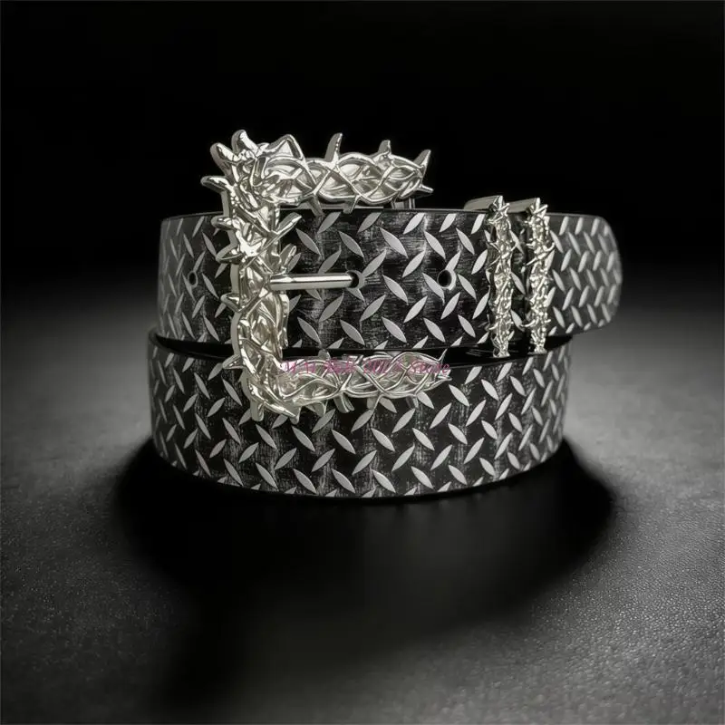 49ME Hip Hop PU Leather Sash Belt Feature Irregular Alloyed Clasp And Tire Texture