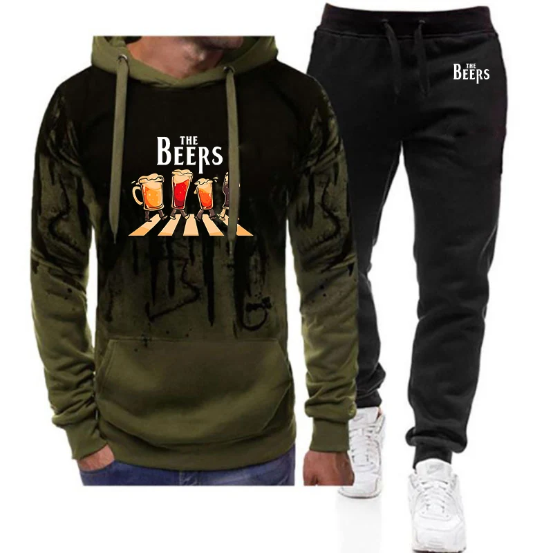 2025 Spring And Autumn The Beers Printing Men's New Gradient Color Set Fashion Pocket Hoodie + Sweatpant Two-piece Suit