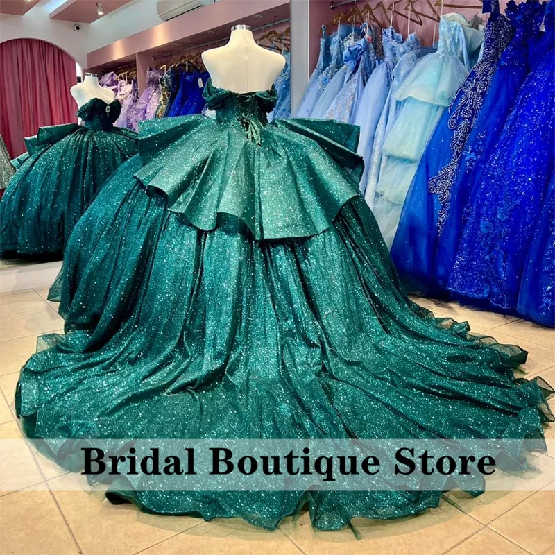 Glitter Emerald Green Quinceanera Dresses Ball Gown Sweet 16 Dress Crystal Rhinestone Beads Corset Party Gowns  Customized