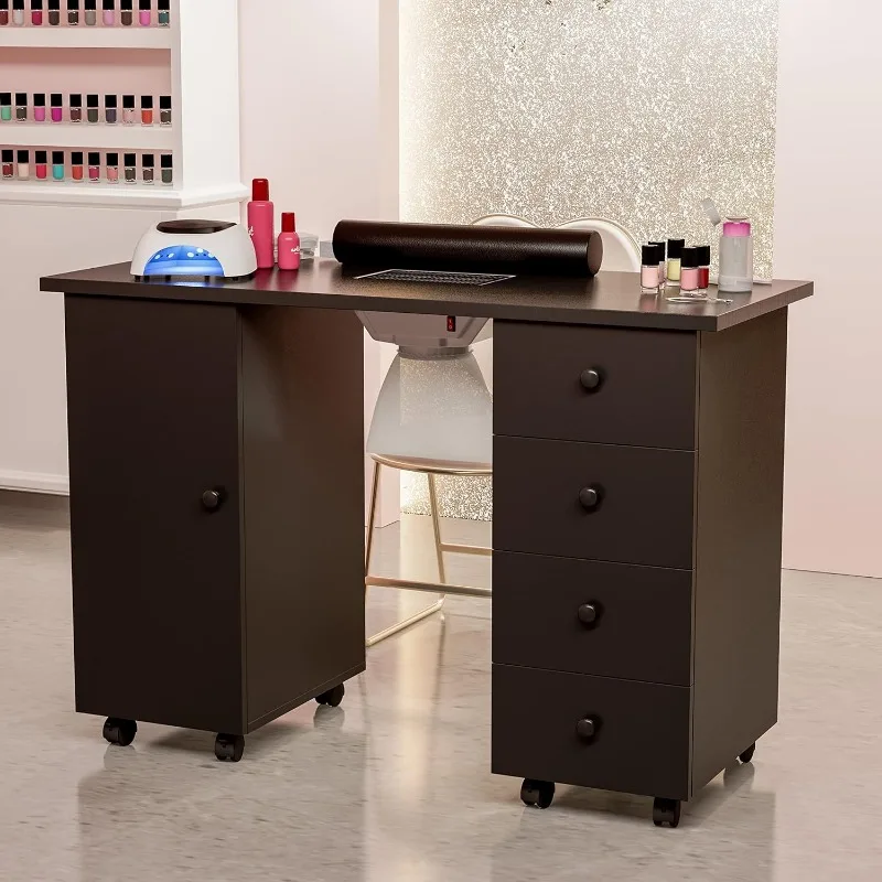 Manicure Table Nail Station, Nail Desk Workstation Nail Art Equipment w/Dust Collector, Wrist Cushion, Lockable Wheels, S