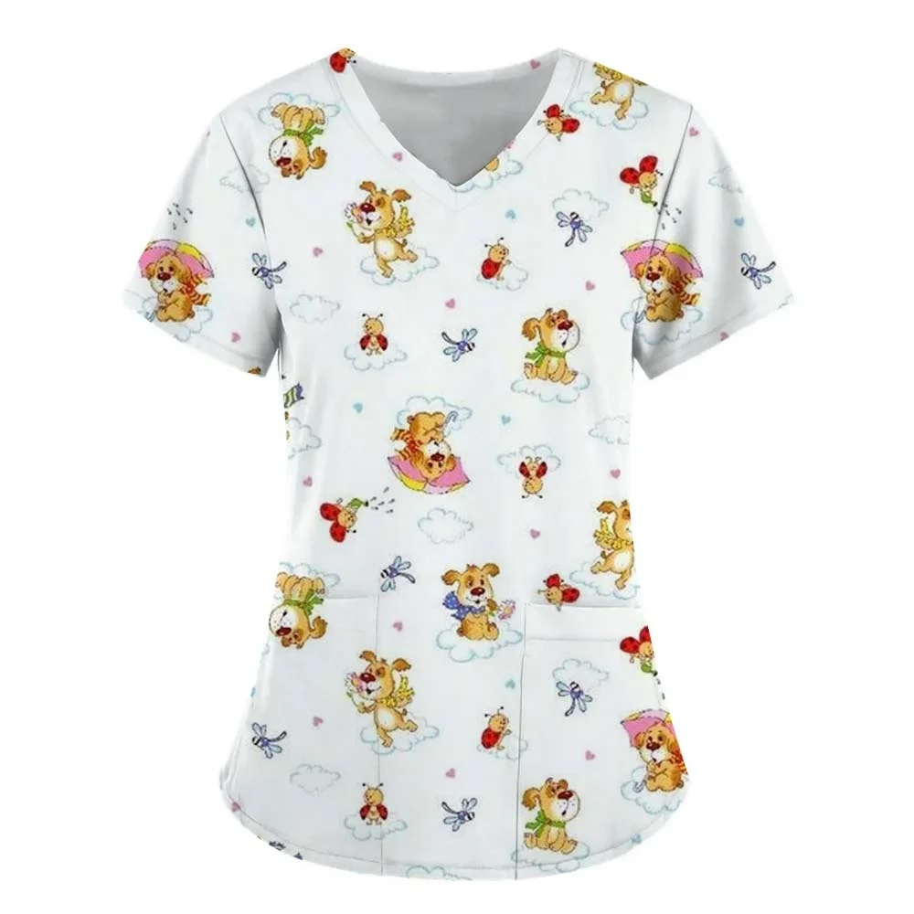 2025 Summer Women's Top Cute Cartoon Animal Dog 3D Print V-Neck T-shirt Casual Daily Nurse Uniform Style Fashion Short Sleeve
