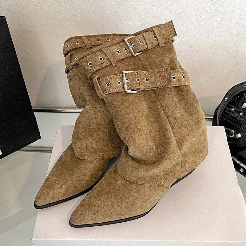 

Luxury Metal Buckle Decorated Ankle Boots Women Sexy Pointed-Toe Chunky Heel Western Boots for Ladies Comfortable Women Shoes