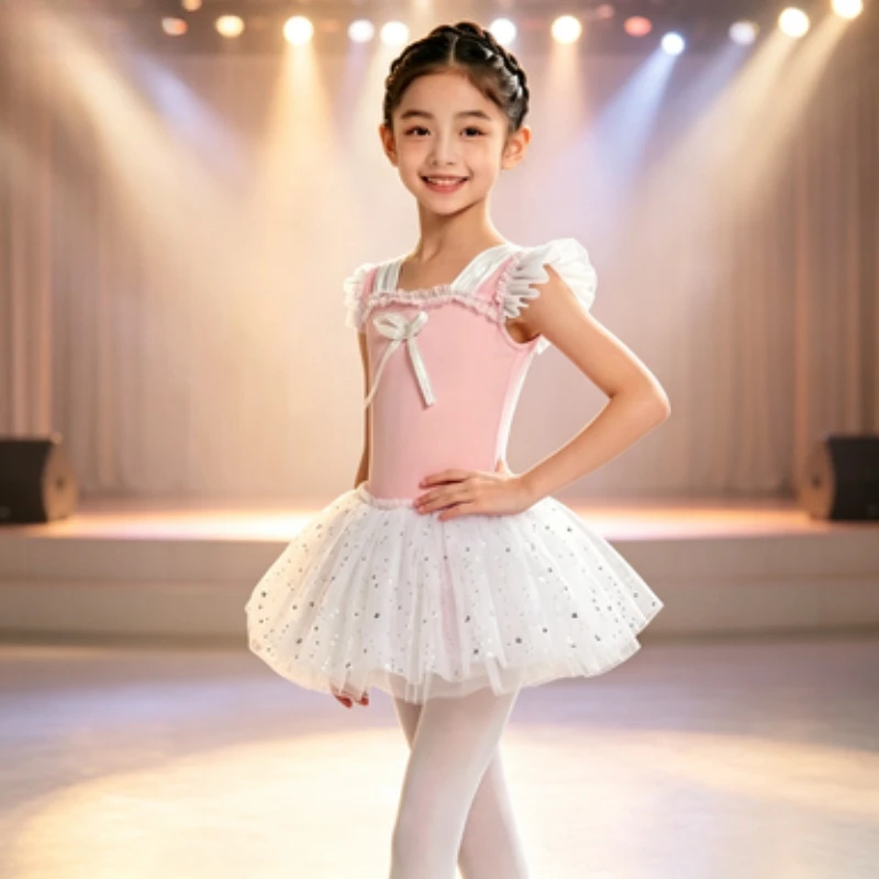 Girls' Ballet Dress, Summer Fluffy Skirt, Kids One-piece Ballet Dance Costume for Stage Performance & Professional Training